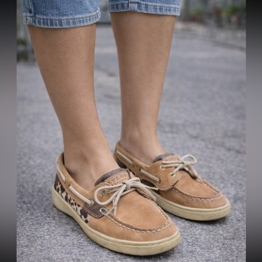 Sperry Top-Sider Leopard Print Leather Boat Shoes Women’s Size 8.5M